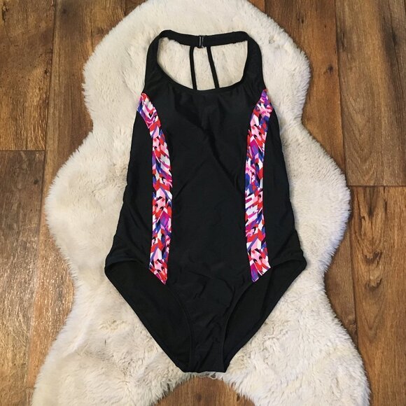 Catalina One Piece‎ Swimsuit Black Pattern Strip Women's Large 12-14 - Picture 1 of 4